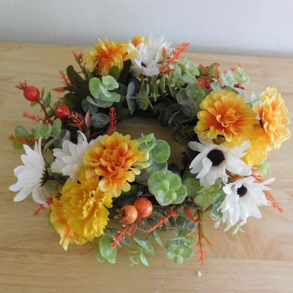 Mini Fall Wreath, Candle Ring, Grapevine Wreath, Year Round Cabinet Decor MIrror